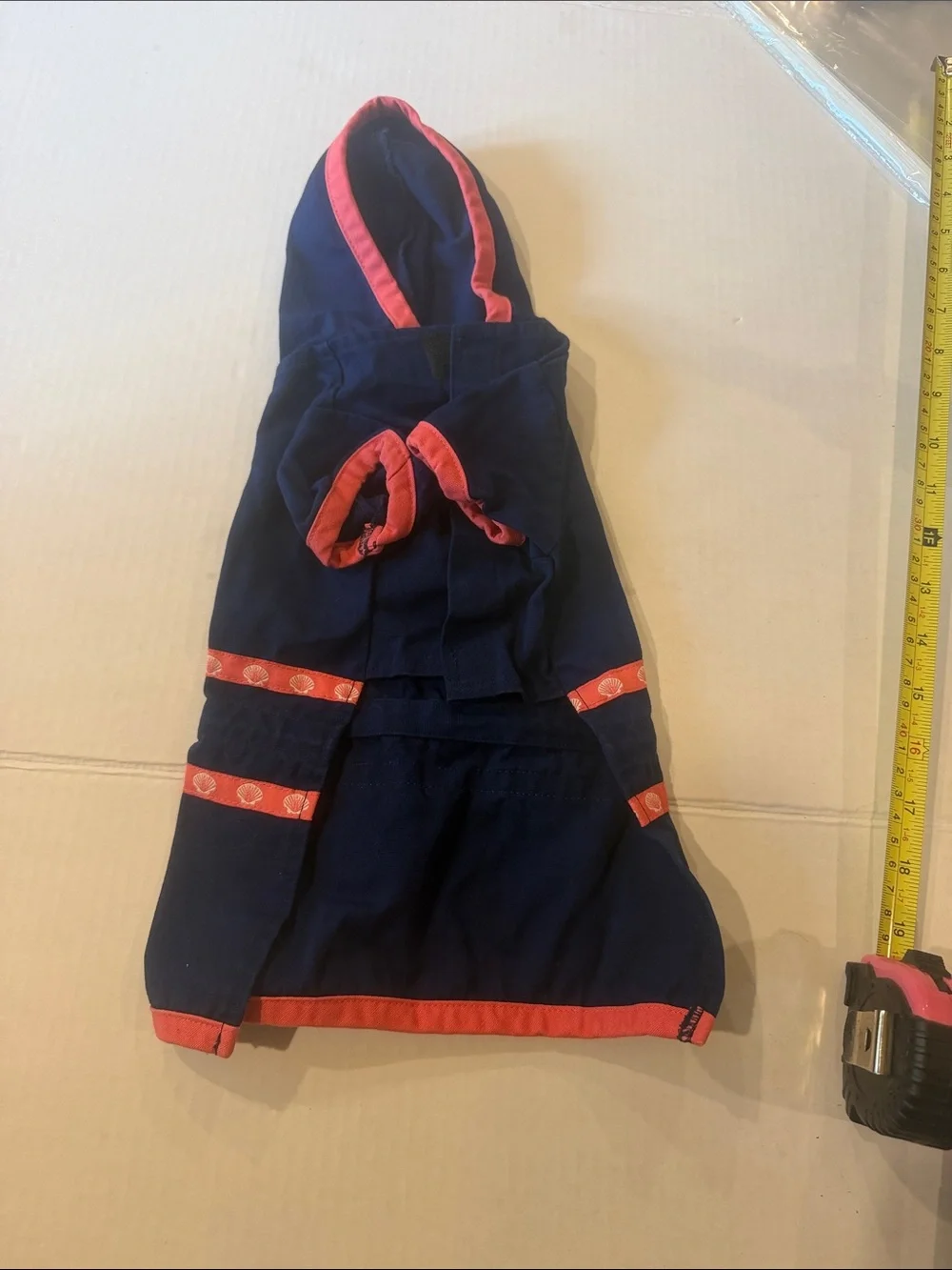 Navy Hooded dog Cover with Coral Trim